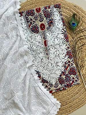 Ajrakh Printed Kashmiri Work Top-Dupatta Set Catalogue 1-Beige-1