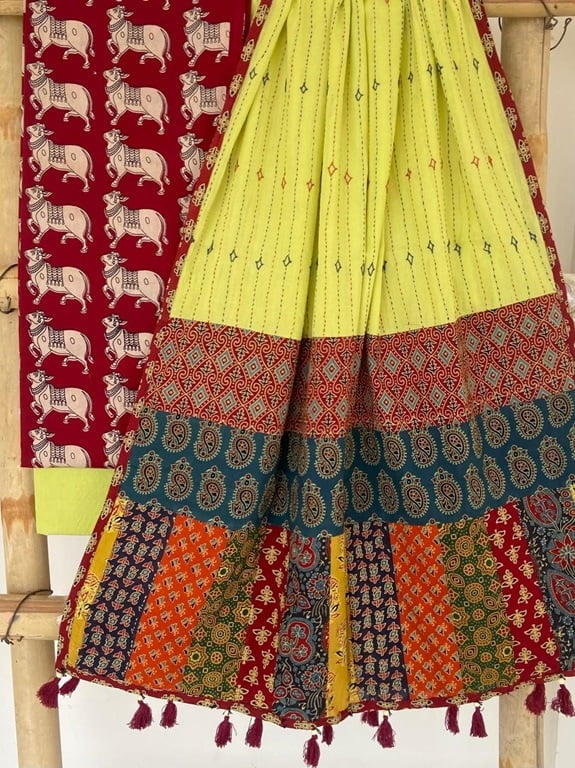 𓂃ོ⋆☀︎𓂃ᨒོ Ajrakh, Applique & Kantha Embroidered Dupatta ~ Ruby Red 𑁍ࠬ main image 0