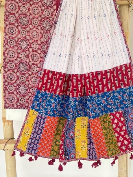 𓂃ོ⋆☀︎𓂃ᨒོ Ajrakh, Applique & Kantha Embroidered Dupatta ~ Olive Green & Yellow 𑁍ࠬ main image 0