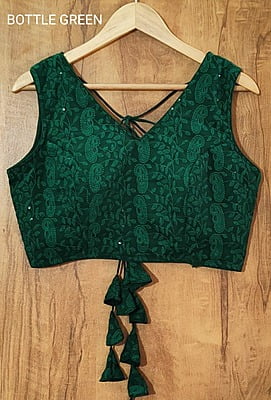 Chikan Sequins Blouse with cotton lining-BottleGreen-Front
