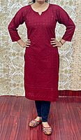 Cotton Chikan Kurti-Maroon Cotton Chikan Kurti-Maroon
