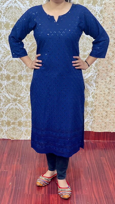 Cotton Chikan Kurti-NavyBlue Cotton Chikan Kurti-NavyBlue