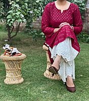 Chikan Kurti Cutwork Mastani Set-Maroon Chikan Kurti Cutwork Mastani Set-Maroon