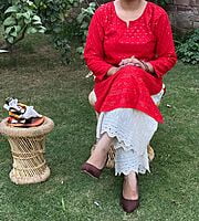 Chikan Kurti Cutwork Mastani Set-Red Chikan Kurti Cutwork Mastani Set-Red