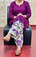 Chikan Kurti Digital Palazzo Set-Wine Chikan Kurti Digital Palazzo Set-Wine