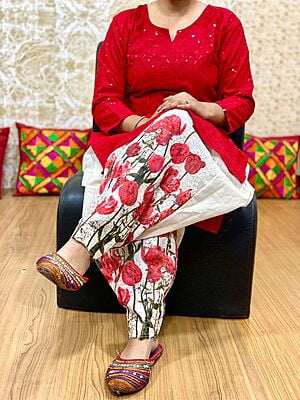 Chikan Kurti Digital Salwar-Red