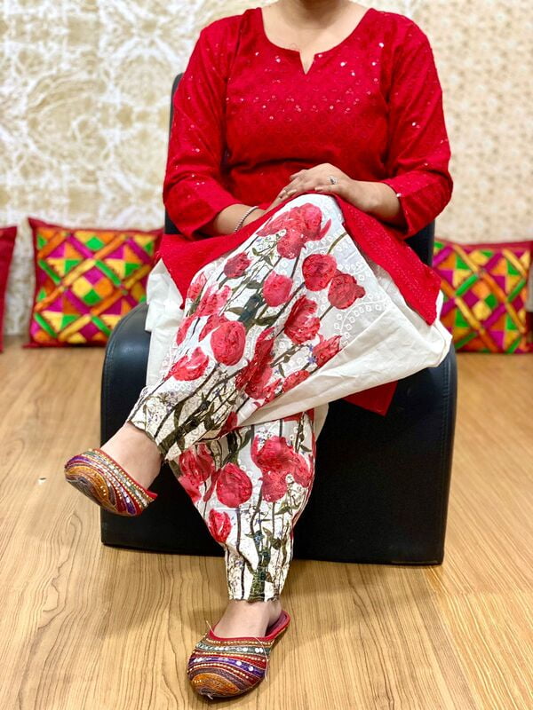 Chikan Kurti Digital Salwar-Red Chikan Kurti Digital Salwar-Red