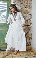 Chikankari Schiffli Gown Pant Set With Crochet Lace-OffWhite-1 Chikankari Schiffli Gown Pant Set With Crochet Lace-OffWhite-1