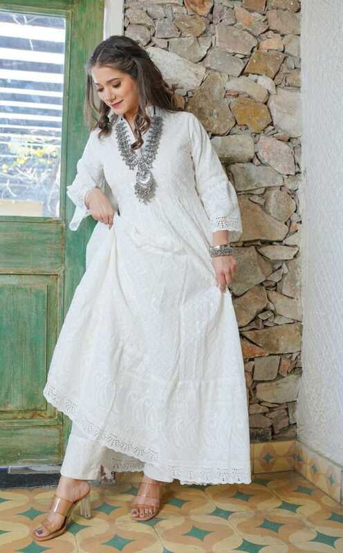 Chikankari Schiffli Gown Pant Set With Crochet Lace-OffWhite-1 Chikankari Schiffli Gown Pant Set With Crochet Lace-OffWhite-1