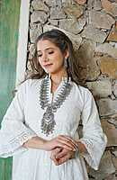 Chikankari Schiffli Gown Pant Set With Crochet Lace-OffWhite-2 Chikankari Schiffli Gown Pant Set With Crochet Lace-OffWhite-2