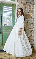 Chikankari Schiffli Gown Pant Set With Crochet Lace-OffWhite-3 Chikankari Schiffli Gown Pant Set With Crochet Lace-OffWhite-3