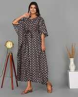 Block Printed Soft Cotton Kaftan-Black-1 Block Printed Soft Cotton Kaftan-Black-1