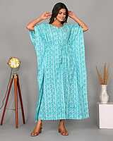 Block Printed Soft Cotton Kaftan-Blue-1 Block Printed Soft Cotton Kaftan-Blue-1