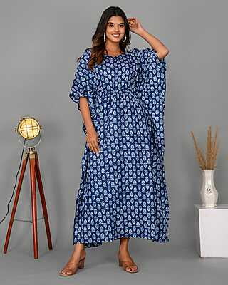 Block Printed Soft Cotton Kaftan-Indigo-1