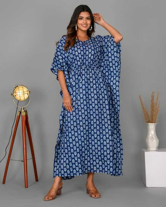 Block Printed Soft Cotton Kaftan-Indigo-1 Block Printed Soft Cotton Kaftan-Indigo-1