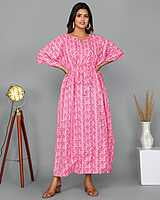 Block Printed Soft Cotton Kaftan-Pink-1 Block Printed Soft Cotton Kaftan-Pink-1