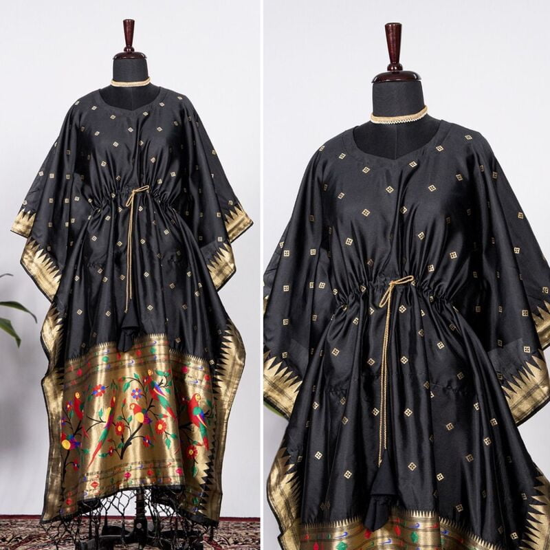 Paithani Silk Kaftan With Weaving Border-Black Paithani Silk Kaftan With Weaving Border-Black
