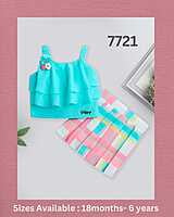 Applique Top Skirt Set For Girls-Blue Applique Top Skirt Set For Girls-Blue
