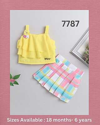 Applique Top Skirt Set For Girls-Yellow