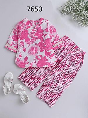Fine Block Printed Co-Ord Set For Girls Catalogue 2-Pink-1
