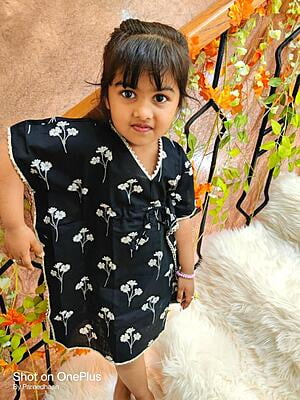 Fine Block Printed Soft Cotton Kaftan For Girls-Black-1