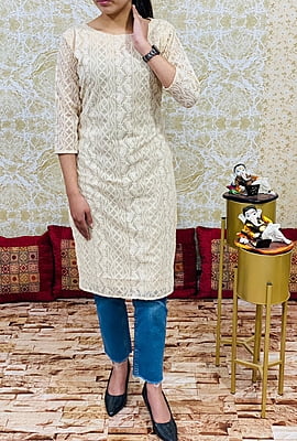 Pure Georgette Lucknowi Kurtis With Lining-Beige