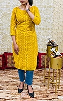 Pure Georgette Lucknowi Kurtis With Lining-Mustard Pure Georgette Lucknowi Kurtis With Lining-Mustard