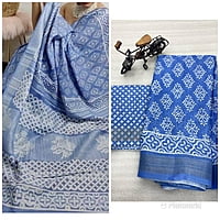 Linen Printed Saree-Blue Linen Printed Saree-Blue
