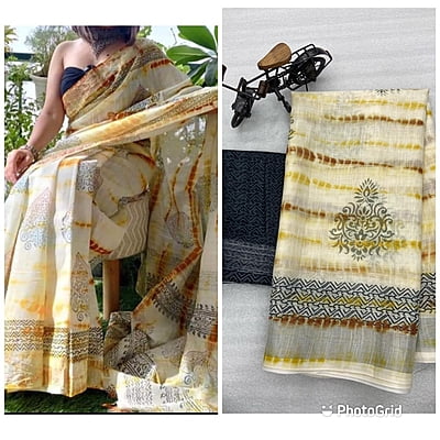 Linen Printed Saree-OffWhite