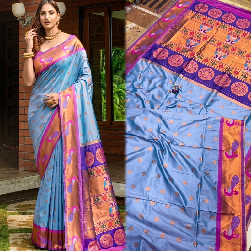 Paithani Silk Saree-Grey Paithani Silk Saree-Grey