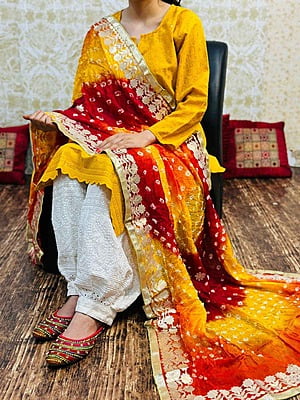 Chikankari Afghani Shaded Bandhani Dupatta Set-Mustard-1