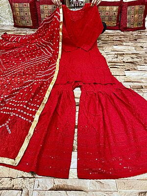 Chikankari Sharara Shaded Bandhani Dupatta Set Catalogue 2-Red-1