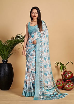 Brush Paint Digital Printed Saree-White-1