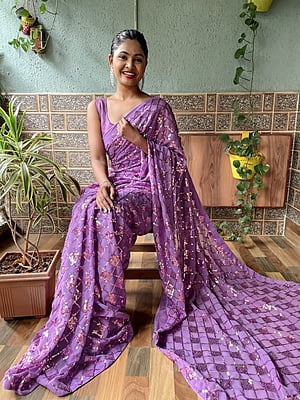 Elegant Sequins Saree-Purple