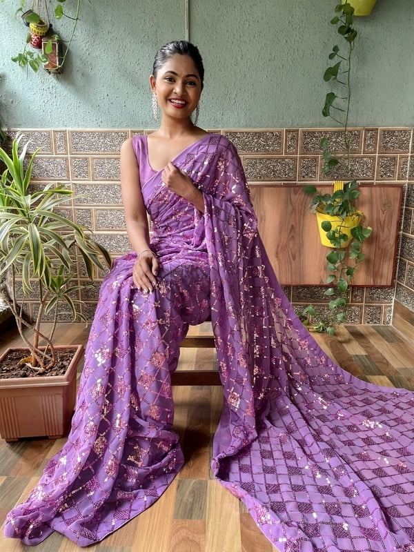 Elegant Sequins Saree-Purple Elegant Sequins Saree-Purple