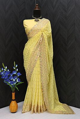 Georgette Sequins Jaal Saree-Yellow