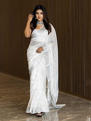 Handloom Linen Weaving Saree-White-1