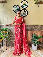 Net Sequins Ready To Drape Saree-Red Net Sequins Ready To Drape Saree-Red