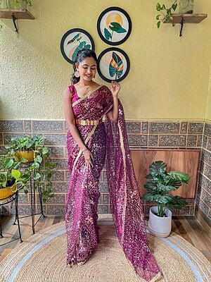 Net Sequins Ready To Drape Saree-Wine