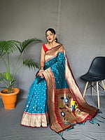 Paithani Silk Saree With Tassels-Blue Paithani Silk Saree With Tassels-Blue