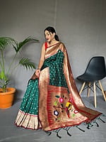 Paithani Silk Saree With Tassels-BottleGreen Paithani Silk Saree With Tassels-BottleGreen