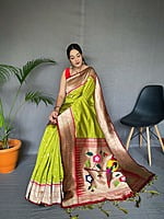 Paithani Silk Saree With Tassels-Green Paithani Silk Saree With Tassels-Green
