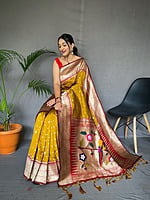 Paithani Silk Saree With Tassels-Mustard Paithani Silk Saree With Tassels-Mustard