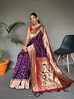 Paithani Silk Saree With Tassels-Purple Paithani Silk Saree With Tassels-Purple
