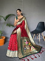 Paithani Silk Saree With Tassels-Red Paithani Silk Saree With Tassels-Red