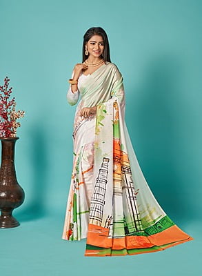 Traditional Digital Printed Saree-White-1