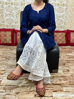 Chikan Kurti Lucknowi Palazzo Set-NavyBlue