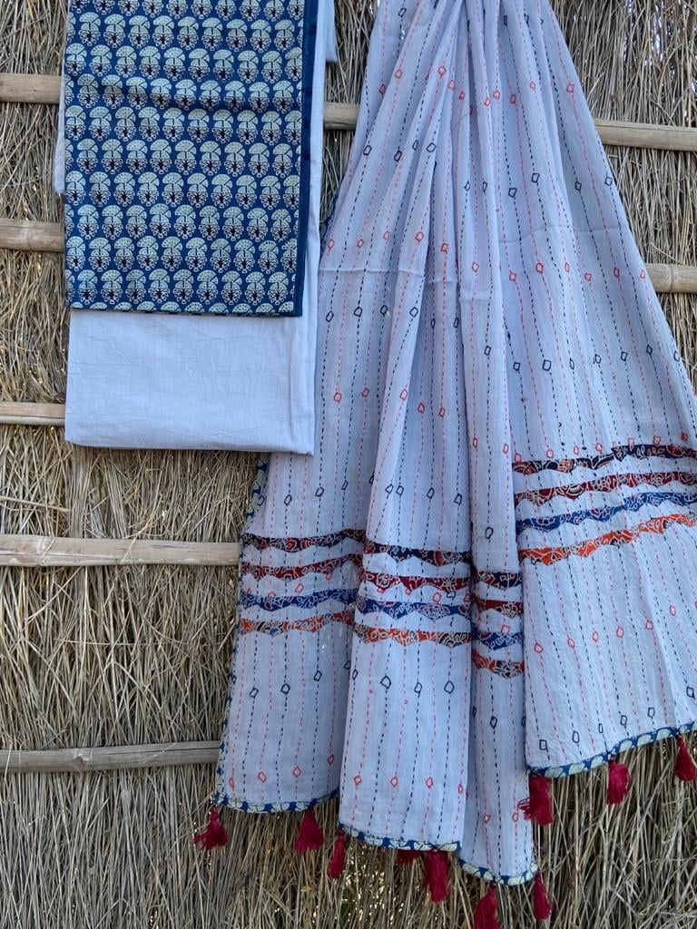 Ajrakh Applique & Kantha Embroidered Dupatta ~ Navy Blue w/ Green Flowers