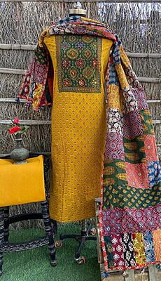 Ajrakh Unstitched Suit With Patch Work Dupatta-1