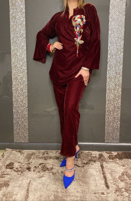 Velvet Co-Ord Set 2-Maroon-1 Velvet Co-Ord Set 2-Maroon-1